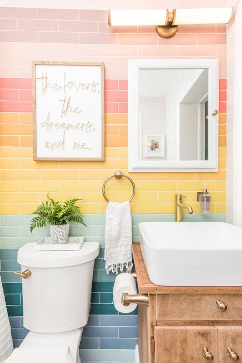 floor. 35% of the room should be fun pops of color or pattern like a pretty wallpapered accent wall or a colorful Persian rug Rainbow Bathroom, Rainbow Tile, Bad Inspiration, Ceramic Subway Tile, The Tile Shop, Girls Bathroom, Kids' Bathroom, Subway Tile, Bathroom Inspiration