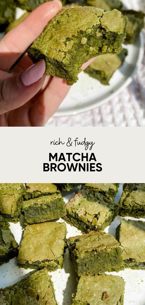 This is hands down the best Matcha Brownies recipe ever! These bright green brownies are vibrant and full of color. Made with ceremonial grade matcha and white chocolate chips. These easy matcha brownies come together in about an hour. Vegan Matcha Brownies, Matcha Blondies Recipe, Healthy Matcha Dessert Recipe, Matcha Mochi Brownies, Healthy Matcha Brownies, Matcha Chocolate Bar, Baking With Matcha, Matcha Deserts Recipe, Vegan Matcha Dessert