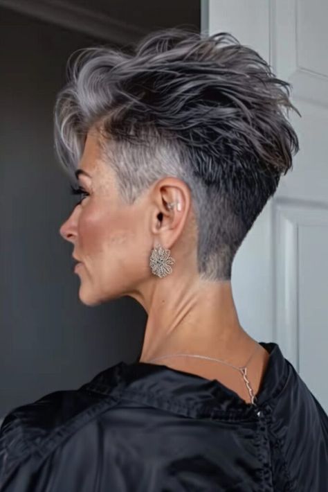 Short Hair With Grey Highlights, Women’s Short Hair Shaved Side, Short Curly Salt And Pepper Hair, Shag Grey Hair, Sassy Pixie Haircut Over 50, Short Grey Hair Styles For Women, Black Women Grey Hair, Edgy Short Hair For Women, Elegant Haircut Classy