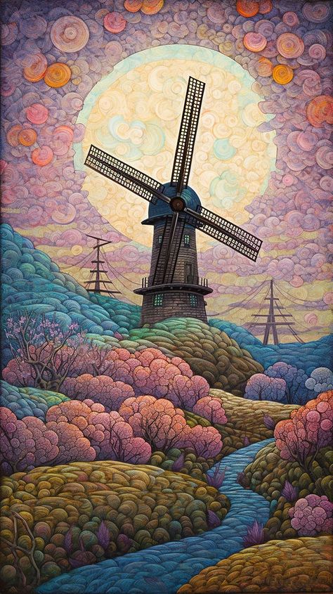 tulip Fields in Holland, windmill, art design, gemaakt van Midjourney Wind Mill Drawing, Mill Drawing, Windmill Drawing, Dutch Windmill, Wind Mill, Dutch House, Dutch Windmills, Landscape Quilts, History For Kids