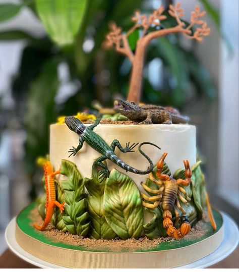 Komodo Dragon Birthday Cake, Reptile Theme Cake, Lizard Birthday Cake, Reptile Cake Ideas, Reptile Cakes For Boys, Reptile Birthday Cake, Rainforest Cake, Wildlife Cake, Reptile Cake