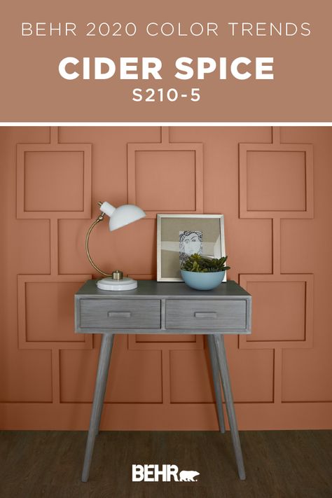 BEHR® Paint in Cider Spice is an earthy clay-toned hue that provides an approachable, livable appearance. As part of the new BEHR® 2020 Color Trends Palette, Cider Spice is designed to bring a fresh new style to your home. Click below for full color details to learn more. 2023 Paint Color Trends, Terra Cotta Paint Color, Behr Colors, Color Of The Month, Behr Paint Colors, Kentish Town, Interior Decorating Tips, Adobe House, Pintura Exterior