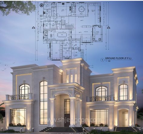 Neoclassical House Layout, Neoclassical House Exterior, New Classic Villa Exterior Design, Unique Home Exterior, Neo Classic House, Neo Classic Villa, Classic Villa Exterior, Neoclassical Villa, Home Exterior Ideas