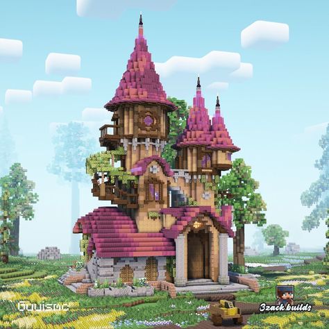 Minecraft Enchantment Building, Rapunzel Tower Minecraft, Minecraft House With Tower, Minecraft Witch Tower, Purple Minecraft House, Minecraft Tower House, Minecraft Towers, Minecraft Witch House, Minecraft Wizard Tower