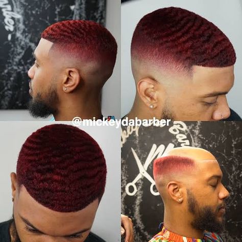 Red Waves Hair Black Men, Black Guy With Red Hair, Black Men With Dyed Hair, Hair Color Ideas For Men Black, Colored Waves Hair Men, Cherry Red Hair Men, Dyed Waves Black Men, Red Hair Men Dyed, Red Hair Color Men