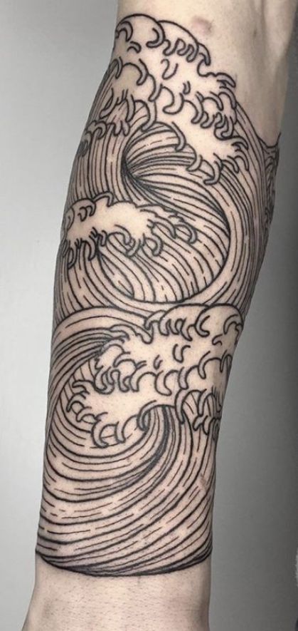 Ocean Waves Tattoo Sleeve, Waves Filler Tattoo, Sleeve Tattoos Waves, Waves Sleeve Tattoo, Water Tattoo Filler, Water Leg Sleeve Tattoo, Wave Tattoo Filler, Wave Tattoo Back, Wave Tattoo Around Arm