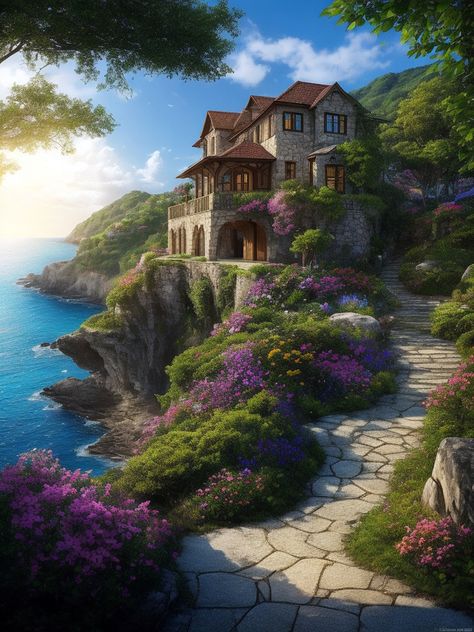 Beach Drawing, Magical House, Sci Fi Landscape, Old Stone Houses, Fantasy Island, House By The Sea, Location Inspiration, Fantasy Homes, Beautiful Locations Nature