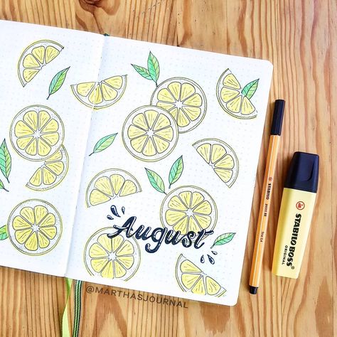 Martha's journal on Instagram: “August is here! 🍋 I chose a lemon theme, because I'm obsessed with yellow at the moment. What do you think?😊 • • • #bulletjournal #bujo…” August Bullet Journal Cover, August Bullet Journal, Bullet Journal August, Weekly Log, Hello August, Bullet Planner, Stabilo Boss, Bullet Journal Themes, Bullet Journal Writing