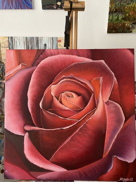 Large Rose Painting, Rose Painting Ideas, Red Rose Painting, Rose Painting Acrylic, Rose Oil Painting, Oil Painting Inspiration, Oil Painting Tutorial, Acrylic Painting Flowers, Flower Art Drawing