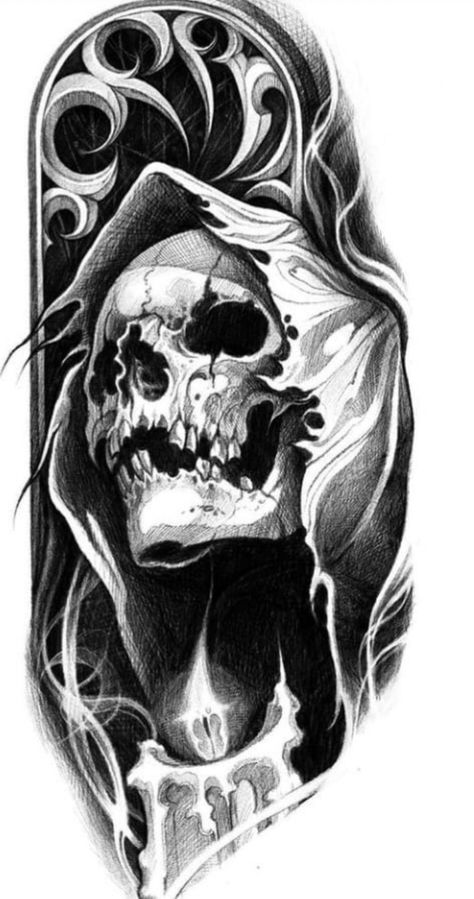 Unique Tattoo Sleeve, Tattoo Crane, Tattoo Ideas Unique, Evil Skull Tattoo, Tattoo Designer, Skull Art Tattoo, Grim Reaper Tattoo, Skull Sleeve Tattoos, Skull Sleeve