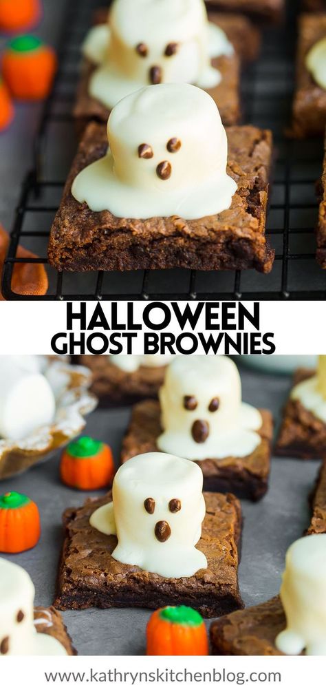 These fun Spooky Ghost Brownies make the perfect Halloween treat! They are so easy and made with your favorite brownie recipe, jumbo marshmallows, and chocolate. Everyone will love how delicious (and cute) they are! Recipe Marshmallows, Ghost Brownies, Boxed Brownie Recipes, Halloween Boards, Candy Bar Cookies, Mini Pumpkin Cheesecake, Halloween Food Desserts, Halloween Foods, Homemade Brownies