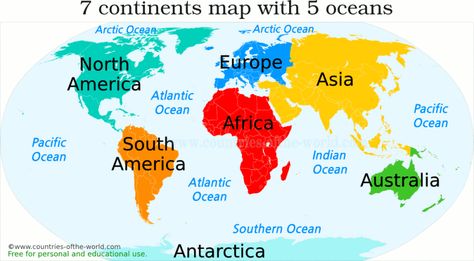 World Continents/ Oceans Map Map Of Continents, Australia Continent, World Map Continents, World Map With Countries, Continents And Countries, Continents And Oceans, All Continents, Geography Map, 7 Continents