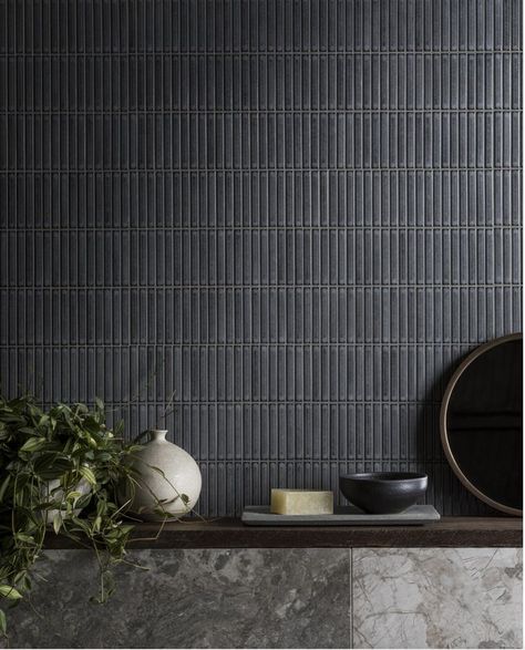 Grey Brick Tiles Bathroom, Grey Bathroom Floor Ideas, Dark Japandi Bathroom, Bali Kitchen, Mountain Apartment, Kitchen Feature Wall, Japanese Tile, Marble Effect Tiles, Mandarin Stone