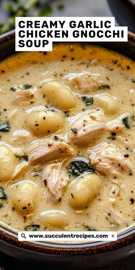 Tender chicken, pillowy gnocchi, and a garlic-infused creamy broth—this soup is a hug in a bowl! Crockpot Creamy Garlic Chicken And Gnocchi, Dutch Oven Chicken Gnocchi Soup, Chicken Potato Gnocchi Soup, Creamy Garlic Chicken Gnocchi Soup, Chicken Noodle Soup With Gnocchi, Gnocchi Chicken Noodle Soup, Potato And Gnocchi Soup, Ghonnochi Soup Recipes, Beef Gnocchi Soup Recipes