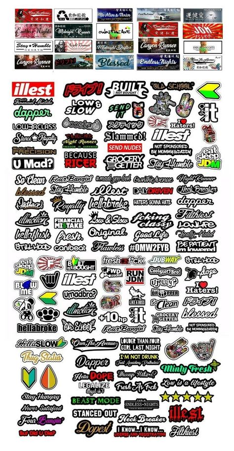 130 JDM Mega Pack Lot Digitally printed on vinyl A collection of our finest art here at OwnTheAvenue 2"-3" Average per sticker size High grade digital ink on outdoor grade vinyl Waterproof stickers Please apply only onto flat, dry, clean and smooth surfaces, for best results Car Stickers Design, Windscreen Stickers, Drift Stickers, Jdm Car Stickers, Jdm Drifting, Jdm Logo, Funny Car Stickers, Car Sticker Ideas, Cars Stickers