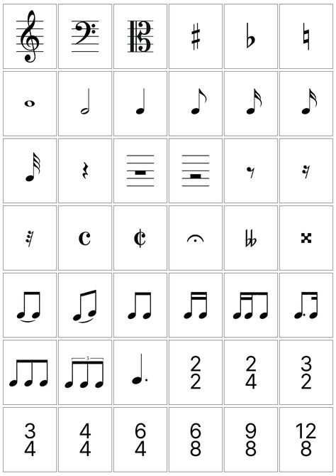 Make a memory game with Musical symbols and figures. Print this paper twice and cut each card to make the game with your students. Bonus: Figures that sum the same value can score. Ex: 2 eighth note match with 1 quarter note. Have fun! Music Vocabulary, Musical Symbols, Music Symbol, Eighth Note, Music Symbols, Number Meanings, Acoustic Music, Music Memories, Memory Game