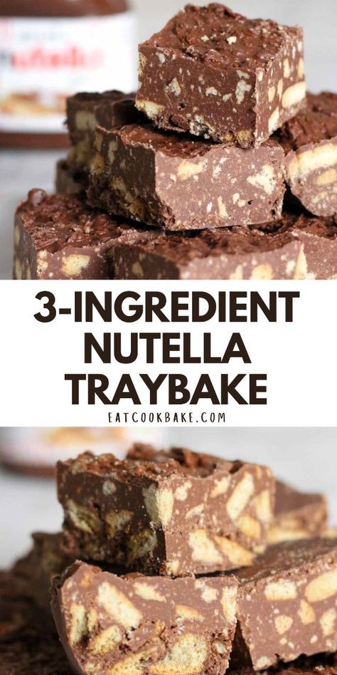 This Nutella traybake with 3 ingredients is super easy to make! It's a no-bake traybake packed full of Nutella flavour and crunchy biscuit texture! Nutella Desserts No Bake, Easy Bake Recipes Kids, Chocolate Traybake Recipes, Sweet Tray Bakes, No Bake Nutella Recipes, Easy Truffles No Bake 3 Ingredients, Kid Baking Ideas Easy, Sweet Tray Bake Recipes, No Bake Traybake Recipes