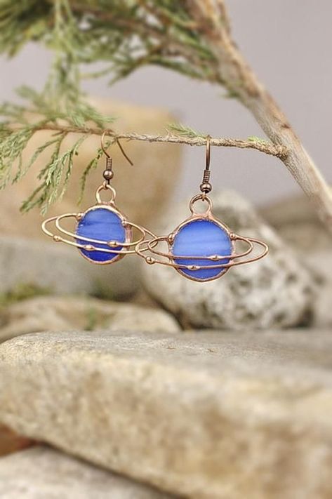 Astronomy Jewelry, Space Astronomy, Saturn Earrings, Planet Saturn, Random Clothes, Small Drop Earrings, Space Jewelry, Stained Glass Jewelry, Fun Jewelry