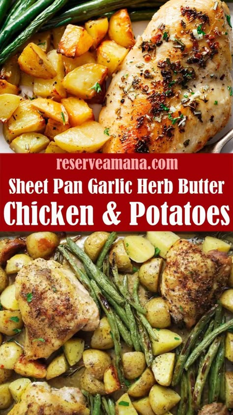 Sheet Pan Chicken Breast And Potatoes, Roasted Garlic And Herb Chicken, Roasted Chicken And Green Beans, Meal With Roasted Potatoes, Chicken Roasted Potatoes Dinners, Sheet Pan Chicken Green Beans Potatoes, Chicken With Roasted Potatoes Dinners, Chicken Breast Green Beans Potatoes, Chicken And Potatoes One Pan