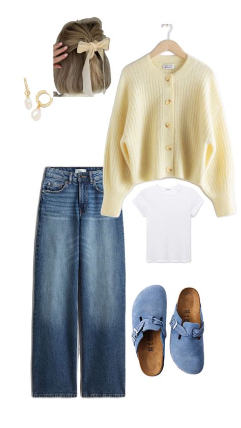 Blue Birkenstocks Outfit, Yellow Cardigan Outfit, Blue Birkenstocks, Yellow Cardigan Outfits, Birkenstocks Outfit, Cardigan Ootd, Birkenstock Outfit, My Life Style, Cardigan Outfit