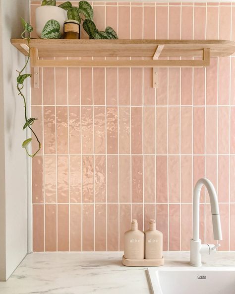 This feature wall stars our Clay range, which is inspired by traditional Zellige style but with a fresh twist! Coming in 48 varying faces,… | Instagram Pink Zellige Tile Kitchen, Light Pink Kitchen Tiles, Pink Tiled Kitchen, Pink Tiles Kitchen, Green Aesthetic House, Pink Japandi, Tile Wall Kitchen, Pink And Grey Kitchen, Maximalism Design