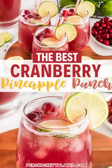 This vibrant cranberry pineapple punch is sweet, tart, and refreshingly fizzy. Made with just 3 ingredients, it’s perfect for Christmas parties or family gatherings. Garnish with fresh lime and cranberries for a festive touch! Pineapple Punch Alcohol, Cranberry Lime Punch, Punch Made With Hawaiian Punch, Pineapple Cranberry Juice, Cranberry Pineapple Mocktail, Pineapple Cranberry Christmas Drink, Pineapple Cranberry Drink, Pineapple Punch Recipe Non Alcoholic, Cranberry Pineapple Drink For Women