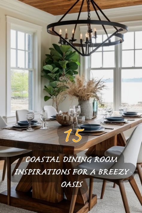 I love how this coastal dining room perfectly blends natural elements with modern design. The warm wood tones of the table, paired with elegant tableware and greenery, create a breezy oasis that invites relaxation and gatherings. Check out these 15 inspirations to bring a touch of the coast into your home! Coastal Chic Dining Room, Tommy Bahama Dining Room, Florida Dining Room, Coastal Dining Room Ideas, Modern Coastal Dining Room, Coastal Farmhouse Dining Room, Japandi Dining Room, Driftwood Centerpiece, Coastal Dining Room