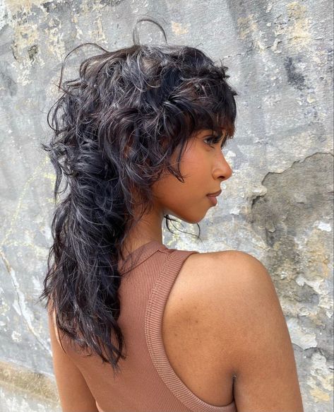 How To Style Your Mullet Hair, Soft Mullet Wavy Hair, Long Curly Mullet Hairstyle Women, Curly Hime Cut, 70s Mullet, Micro Bangs Curly Hair, Long Curly Hairstyles For Women, Long Curly Shag Haircut, Long Curly Mullet