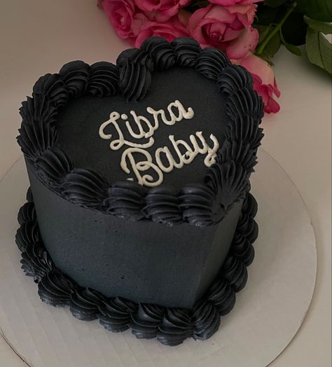 Libra black heart cake 🖤 Heart Cake Libra Szn, Heart Shaped Libra Cake, Black Libra Cake, Birthday Cake Libra Zodiac, Libra Birthday Cake Ideas, Zodiac Heart Cake, Trendy Bday Cake, Black Heart Cake Aesthetic, Libra Bday Cake