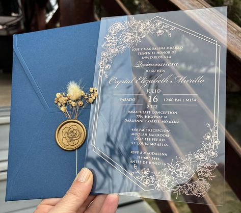 Debut Birthday, Navy Blue Envelope, Plexiglass Invitations, Invitation Rose Gold, Debut Invitation, Debut Ideas, Rose Gold Wedding Invitations, Blue Envelope, Acrylic Wedding Invitations