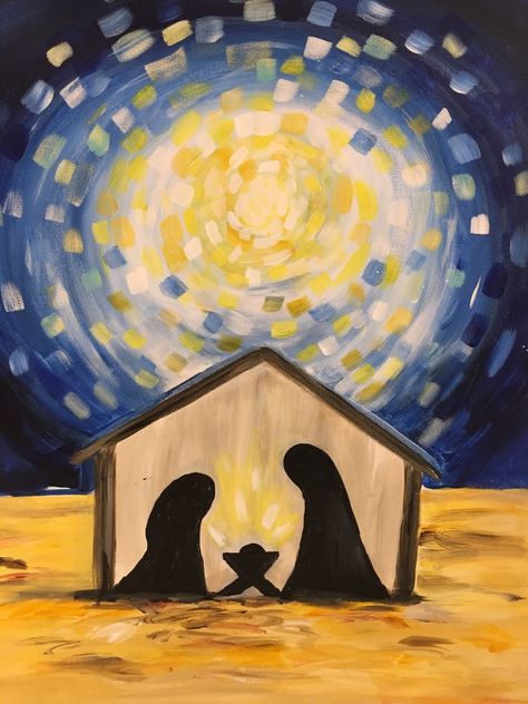 Nativity Canvas Painting For Kids, Simple Manger Scene Painting, Easy Manger Scene Painting, Charcuterie Painting, Advent Drawing, Manger Scene Painting, Simple Nativity Painting, Kids Christmas Painting, Diy Christmas Mugs