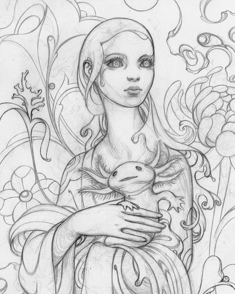 James Jean shared a post on Instagram: “Lady with Axolotl #wip” • Follow their account to see 2,522 posts. Faerie Aesthetic, Handpoke Tattoo, Mother Art, James Jean, My Fantasy World, Art Fantasy, Animated Drawings, Yellow Painting, Ink Illustrations