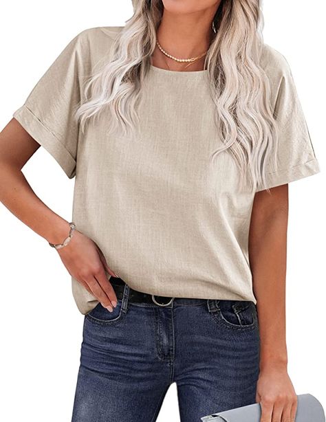 Chigant Women's Blouses Short Sleeve Cotton Linen Shirts Casual Loose Round Collar Solid Boxy Tunics Top Linen Top Women, Linen Shirts Women, Linen Shirts, Linen Blouse, Oversized Top, Linen Top, Casual Blouse, Linen Women, Cotton Blouses