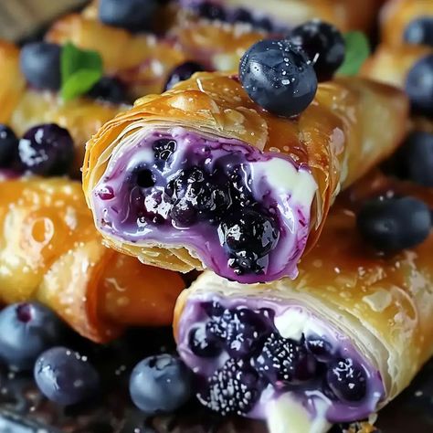 Blueberry Cream Cheese Egg Rolls Blueberry Cream Cheese Egg Rolls Recipes, Cream Cheese Egg Rolls, Cheese Egg Rolls, Egg Rolls Recipe, Blueberry Filling, Awesome Desserts, Fruit Sauce, Egg Roll Recipes, Blueberry Cream Cheese