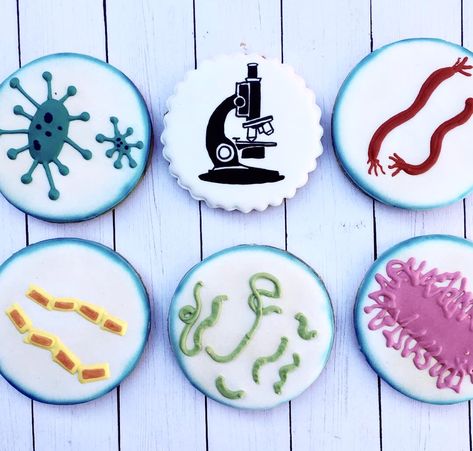 Bacteria cookies Microbiology Cake, Biology Party, Christmas Cookie Contest, Korean Lunch Box Cake, Laboratory Idea, Microbiology Art, Korean Lunch Box, Science Cake, Cookie Contest