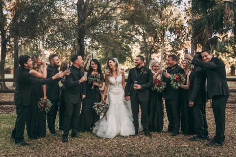 Check out this ALL BLACK BRIDAL PARTY 🖤 the black on black tuxs is such a sleek look and it makes the bride really stand out 🥰 Classy all around! OBSESSED 🤩 Black Outfits Wedding Party, Bridal Party Dressed In Black, All Black Bridesmaid And Groomsmen, Bridal Party All Black, Black Bridesmaid Dresses Bridal Party, All Black Bridal Party Attire, Bridal Party In Black, Black Bridesmaid Dresses With Groomsmen, Black Wedding Bridesmaid Dresses