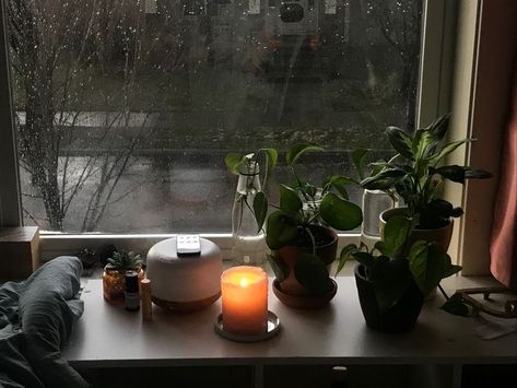 Rain Room Aesthetic, Plants On A Windowsill, Plants And Candles Aesthetic, Rainy Bedroom Aesthetic, Rainy Room Aesthetic, Window Sill Aesthetic, Rainy Bedroom, Rainy Room, Rain Bedroom