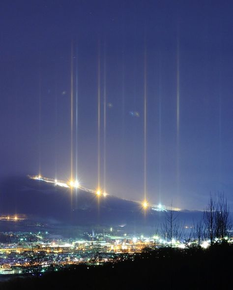 Streaking Light Pillars Illuminate the Night Sky in  Peterborough, Ontario - Curated by your friends at  https://createamixer.com/ Universe City, Light Pillars, High Key Portrait, Peterborough Ontario, Modern Metropolis, Atmospheric Phenomenon, Ice Crystals, Light Beam, Peterborough