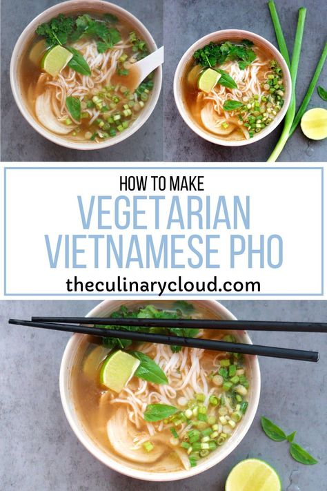 Pho Veggie Soup, Pho Soup Vegetarian, Vegetable Pho Soup Recipe, Asian Soup Broth Vegetarian, Pho Vegan Recipe, Veggie Pho Broth, Clear Soups Vegetarian, Vietnamese Pho Vegetarian, Easy Pho Recipe Vegetarian