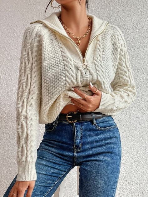 White Half Zip Pullover Outfit, White Pullover Outfit, Comfy Mom Clothes, Knitted Jumper Outfit, Zip Pullover Outfit, Half Zip Pullover Outfit, Cable Knit Sweater Outfit, Knit Half Zip, Zip Up Jumper