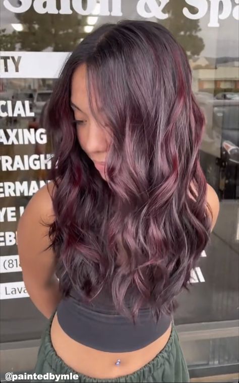 Magenta Balayage, Blackberry Hair Colour, Pelo Color Vino, Hair Color For Morena, Dark Ombre Hair, Hair Color Plum, Hair Color Underneath, Wine Hair, Peekaboo Hair