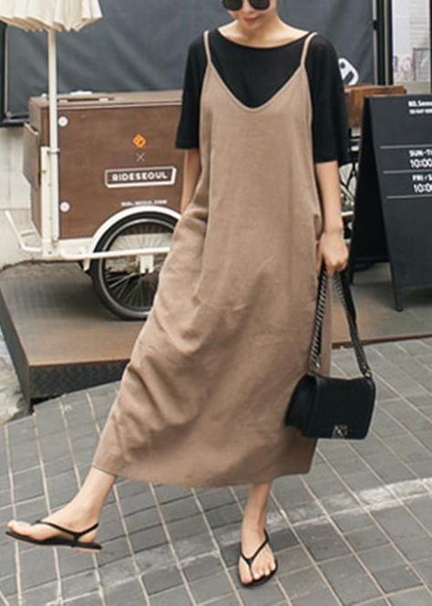 Dress With Shirt Underneath, Linen Dress Outfit, Dress Santai, Khaki Dresses, Linen Slip Dress, Quoi Porter, Beach Mini Dress, Summer Linen Dresses, Mini Tank Dress