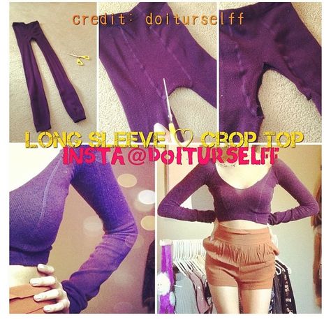 DIY Crop Top from leggings. Easy to add skirt of lightweight voile Diy Shirt From Tights, Sew Crop Top, Diy Crop Top, Diy Tops, Diy Vetement, How To Make Clothes, Refashion Clothes, Diy Dress, Diy Shirt