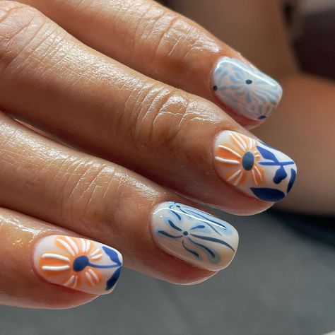 Jess Smith | Matisse inspired 💙 #texturednails #matisse #matisseinspired #floralnails #floralnailart #bluenails #blueandorange #handpaintednailart… | Instagram Scarlett Nails, Italy Inspired Nails, Vibrant Summer Nails, Nail Shades, Patriotic Nails, Matisse Inspired, Classy Acrylic Nails, July Nails, Cute Gel Nails