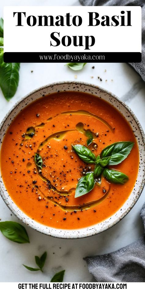 Tomato basil soup with fresh herbs, ideal for Christmas gatherings and winter comfort. Christmas Dinner Soup, Dinner Soup Recipes, Homemade Tomato Basil Soup, Tomato Basil Bisque, Basil Soup Recipe, Christmas Soup, Tomato Basil Soup Recipe, Roasted Tomato Basil Soup, Creamy Tomato Basil Soup