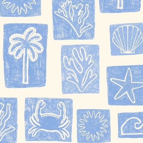 Duchess Plum on Instagram: "Edit *SOLD* Villa vibes 🐚🌴☀️  . . . . . #summer2025 #fabricdesign #fabricdesigners #fabrics #pattern #patterndesign #patterns #artlicensing #surfacepatterndesign #printandpattern #printdesign #printdesigner #printdesigns #fashionprint" Cute Summer Patterns, Coastal Pattern Design, Cute Fabric Patterns, Summer Prints Pattern, Beachy Patterns, Beachy Illustrations, Coastal Graphics, Beach Pattern Illustration, Summer Graphic Design