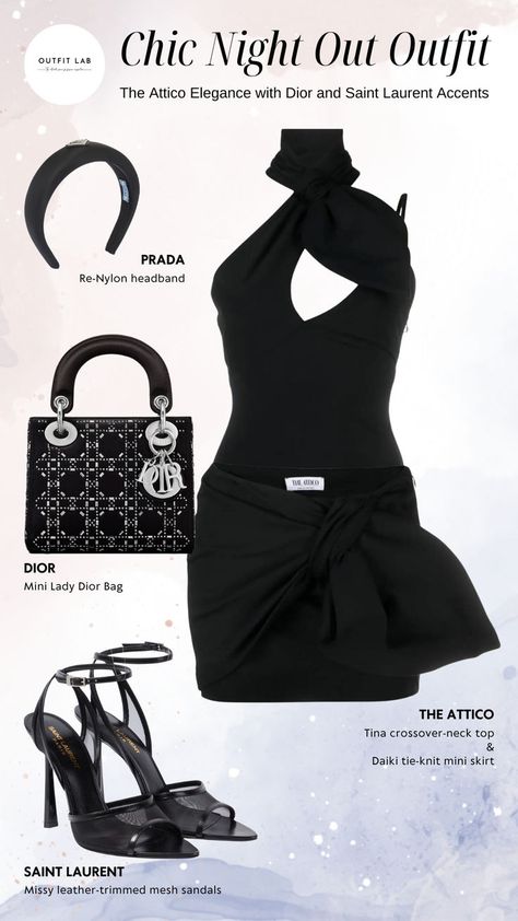 Chic Night Out Outfit featuring The Attico  top and skirt with Dior bag and Saint Laurent pumps Prada Headband, Chic Night Out Outfit, Harvey Outfits, Saint Laurent Sandals, Brooklyn Girl, Glamorous Outfits, Fiesta Outfit, Perfect Night, The Attico