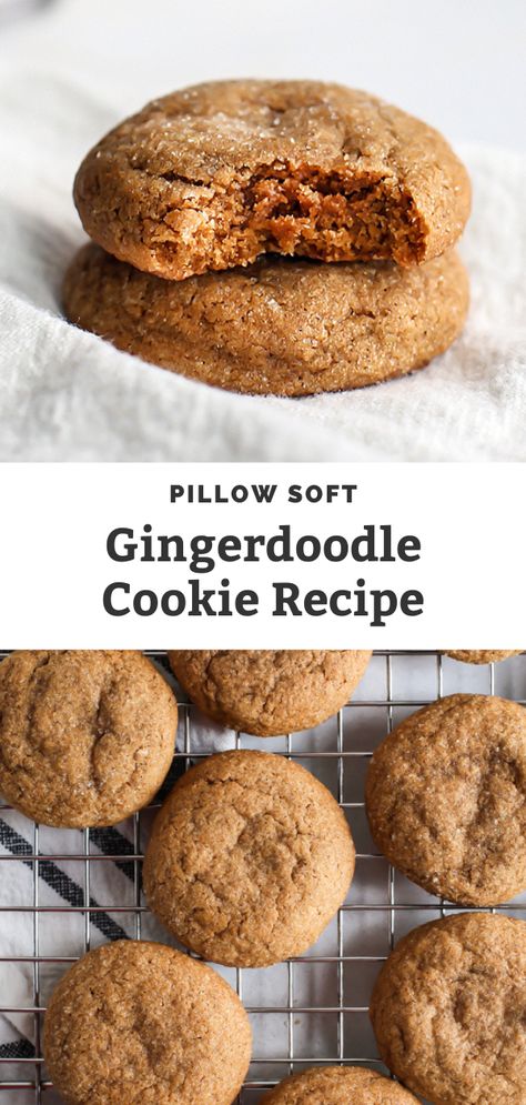 These Pillow Soft Gingerdoodle cookies are a cross between a molasses gingersnap cookie and a snickerdoodle – with all those gingerbread spices. Made a touch healthier with whole wheat flour, part butter and part coconut oil, it's the best ginger cookie recipe. The perfect old-fashioned cookie for Christmas and the holidays! #gingerdoodlecookies #gingercookie #holidaybaking #wholewheatcookies #Christmas Gingerdoodle Cookies, Ginger Cookie Recipe, Biscoff Cookie Recipe, Coconut Oil Cookies, Whole Wheat Cookies, Fit Mitten Kitchen, Soft Ginger Cookies, Ginger Cookie Recipes, Wheat Recipes