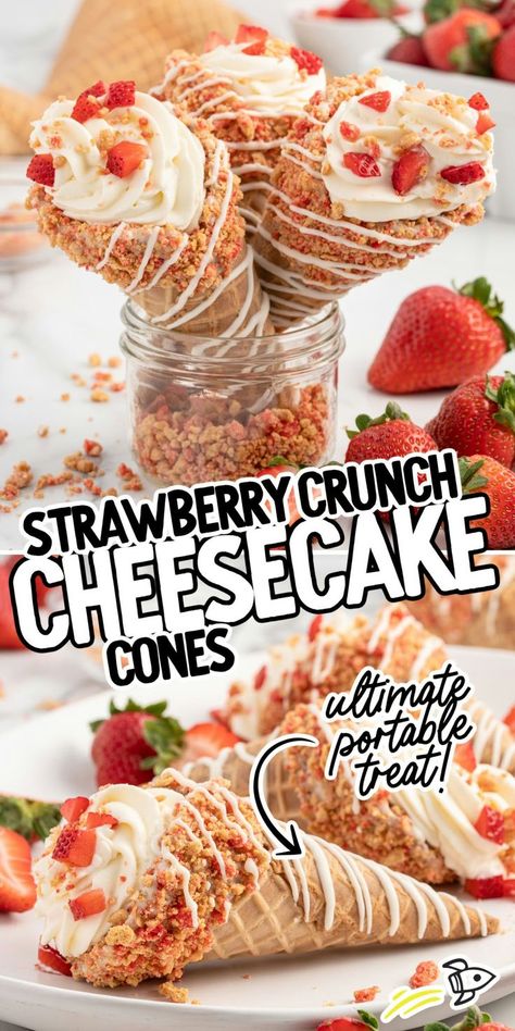 Strawberry Crunch Cheesecake Cones Mini Waffle Cones Recipe, Desserts With Waffle Cones, Strawberry Cheesecake Cones Recipe, Strawberry Cheesecake Stuffed Cones, Dessert Ideas For Selling, Strawberry Cheesecake Waffle Cone, Strawberry Crunch Cones, Waffle Cone Desserts, Strawberry Cheesecake Cones