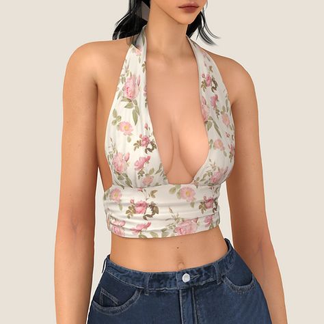 Flower Crop Top by Elliesimple Cc Top, Flower Crop Top, Sims 4 Challenges, Gucci Sweater, Pelo Sims, Tøp Aesthetic, Sims 4 Cc, Sims 4 Custom Content, Lace Crop Tops